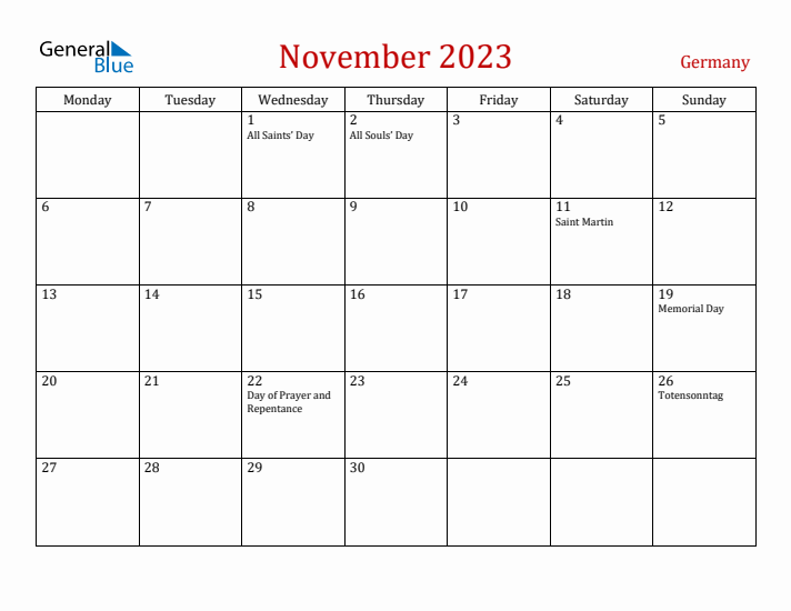 Germany November 2023 Calendar - Monday Start
