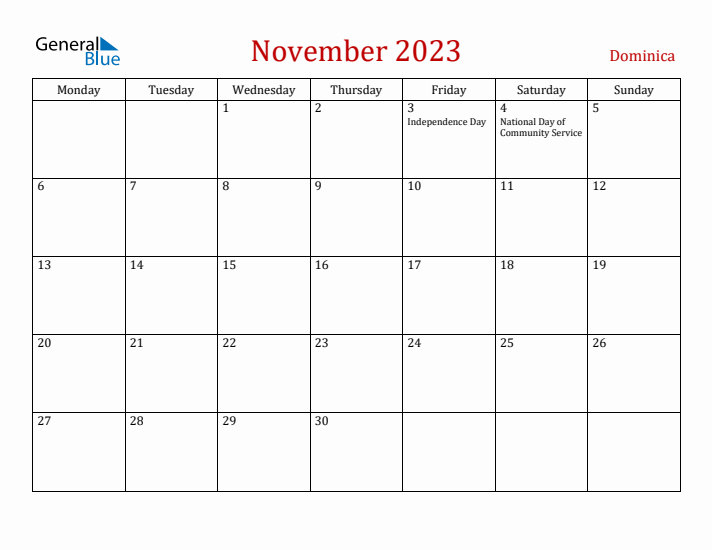 Dominica November 2023 Calendar - Monday Start