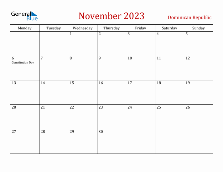 Dominican Republic November 2023 Calendar - Monday Start