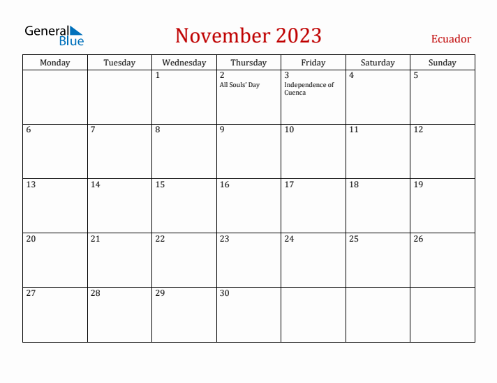 Ecuador November 2023 Calendar - Monday Start