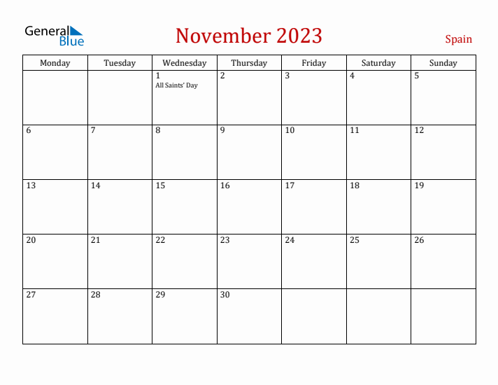 Spain November 2023 Calendar - Monday Start
