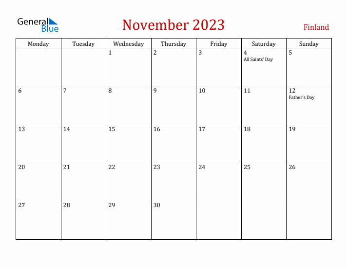 Finland November 2023 Calendar - Monday Start
