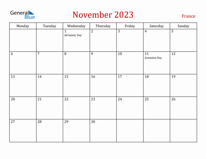 France November 2023 Calendar - Monday Start