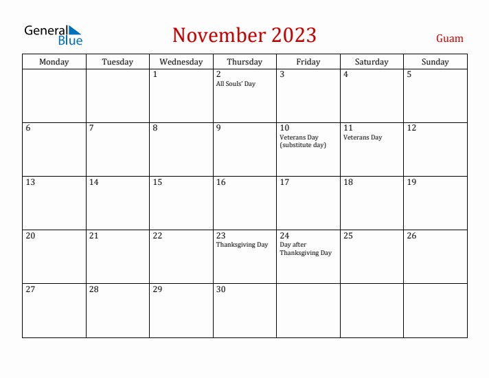 Guam November 2023 Calendar - Monday Start