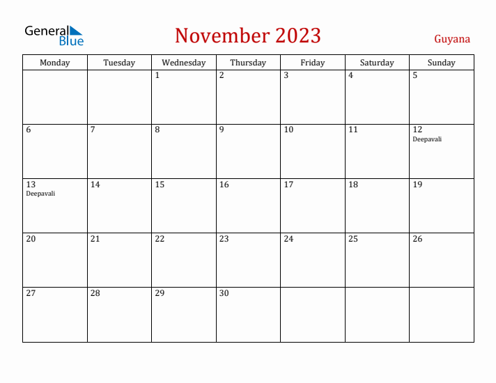 Guyana November 2023 Calendar - Monday Start