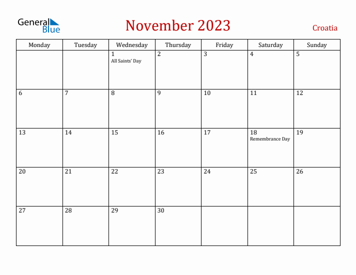 Croatia November 2023 Calendar - Monday Start