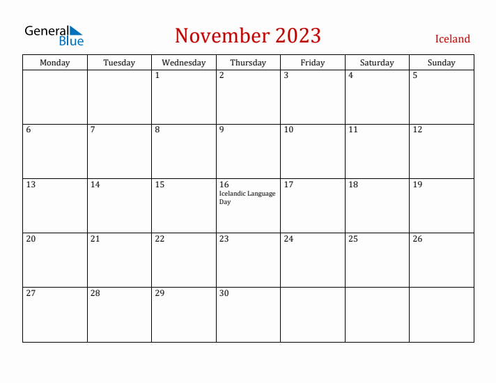 Iceland November 2023 Calendar - Monday Start