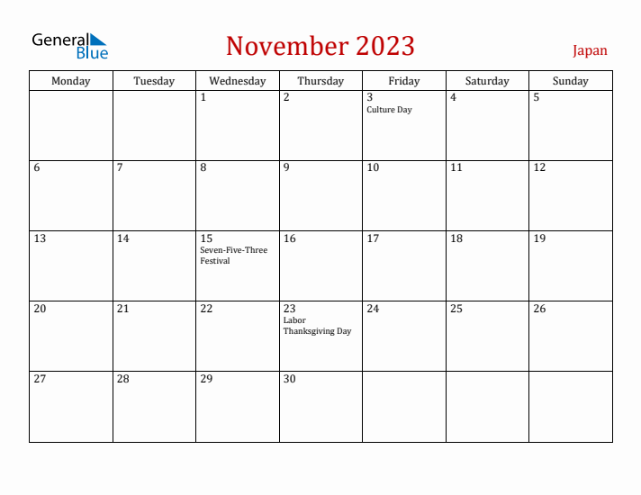 Japan November 2023 Calendar - Monday Start