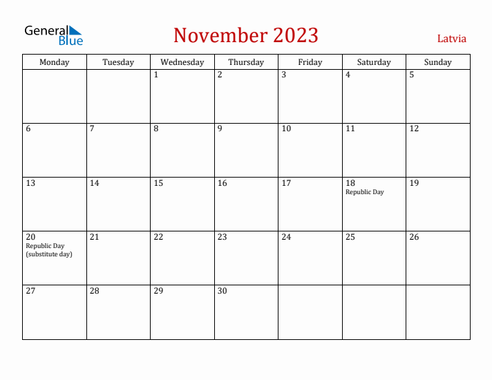 Latvia November 2023 Calendar - Monday Start