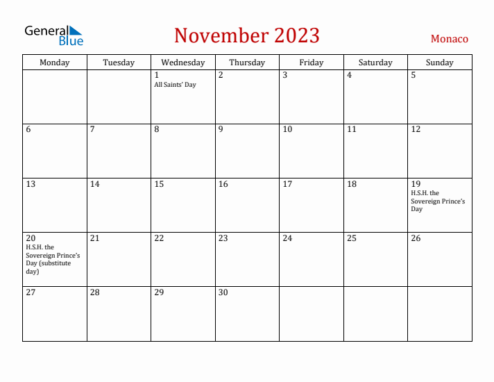 Monaco November 2023 Calendar - Monday Start