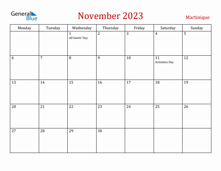 Martinique November 2023 Calendar - Monday Start