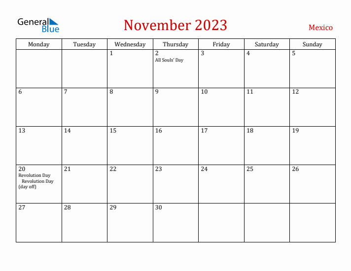 Mexico November 2023 Calendar - Monday Start