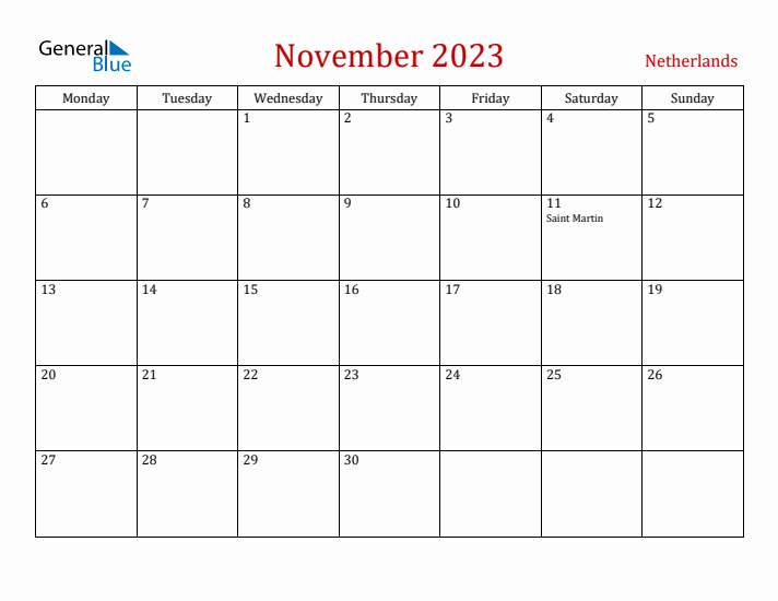 The Netherlands November 2023 Calendar - Monday Start