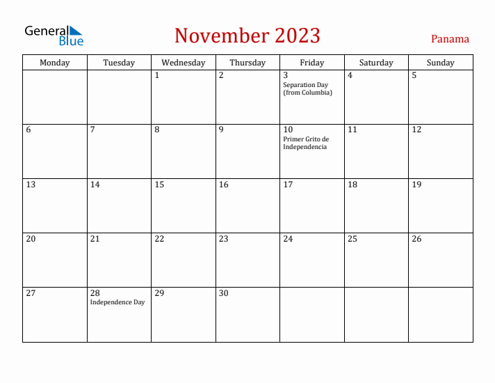 Panama November 2023 Calendar - Monday Start