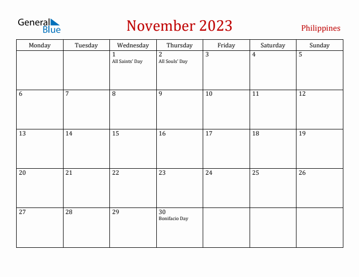 Philippines November 2023 Calendar - Monday Start