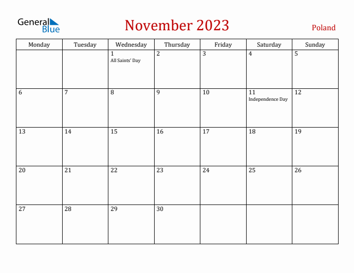 Poland November 2023 Calendar - Monday Start