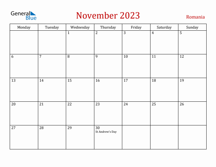 Romania November 2023 Calendar - Monday Start