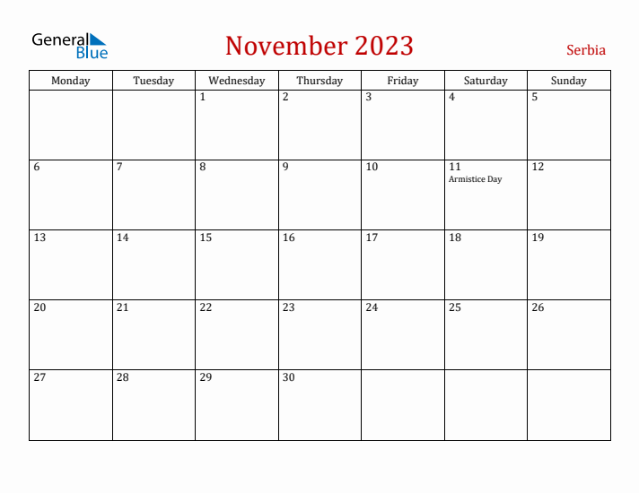 Serbia November 2023 Calendar - Monday Start