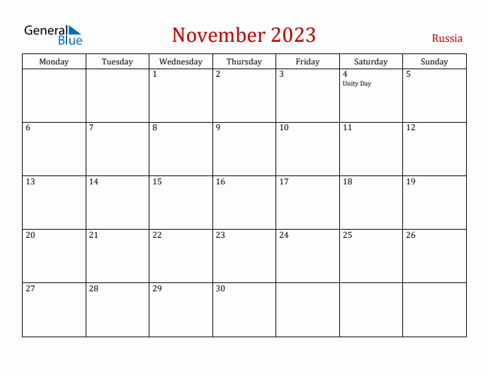 Russia November 2023 Calendar - Monday Start
