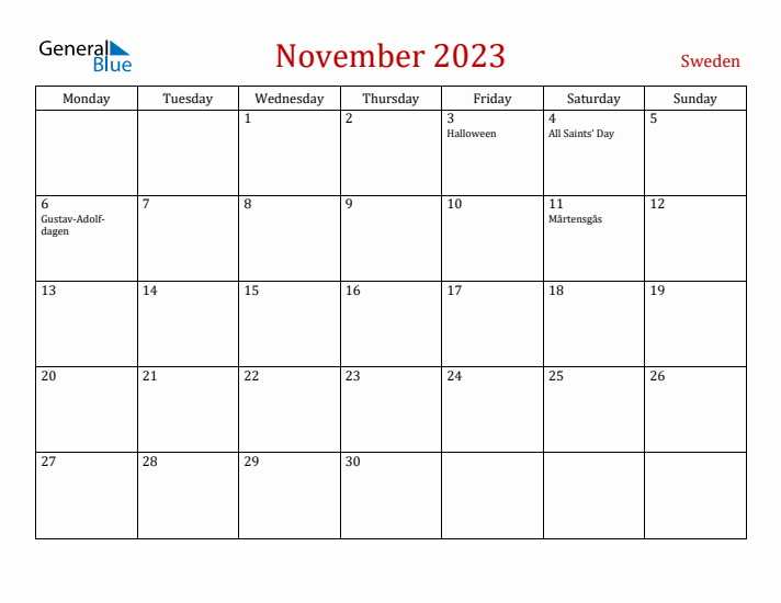Sweden November 2023 Calendar - Monday Start