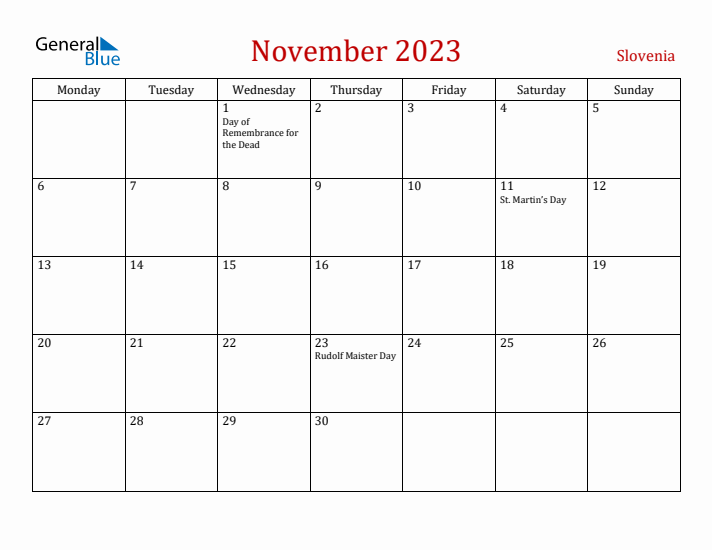 Slovenia November 2023 Calendar - Monday Start