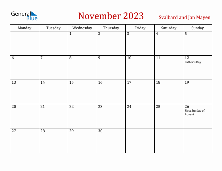 Svalbard and Jan Mayen November 2023 Calendar - Monday Start