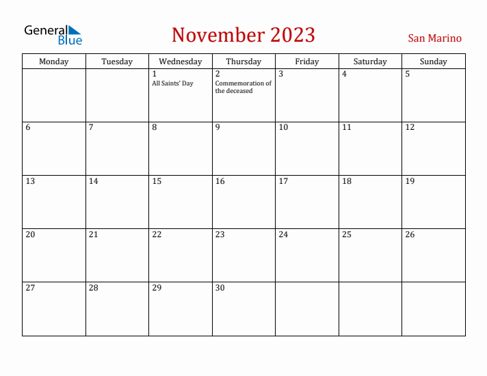 San Marino November 2023 Calendar - Monday Start