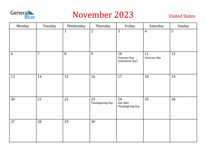 United States November 2023 Calendar - Monday Start