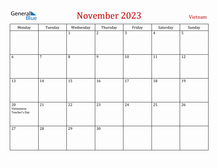 Vietnam November 2023 Calendar - Monday Start