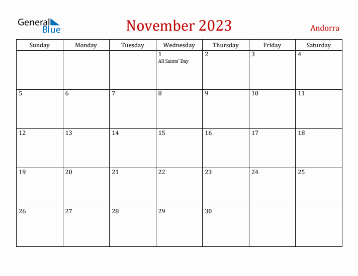 Andorra November 2023 Calendar - Sunday Start