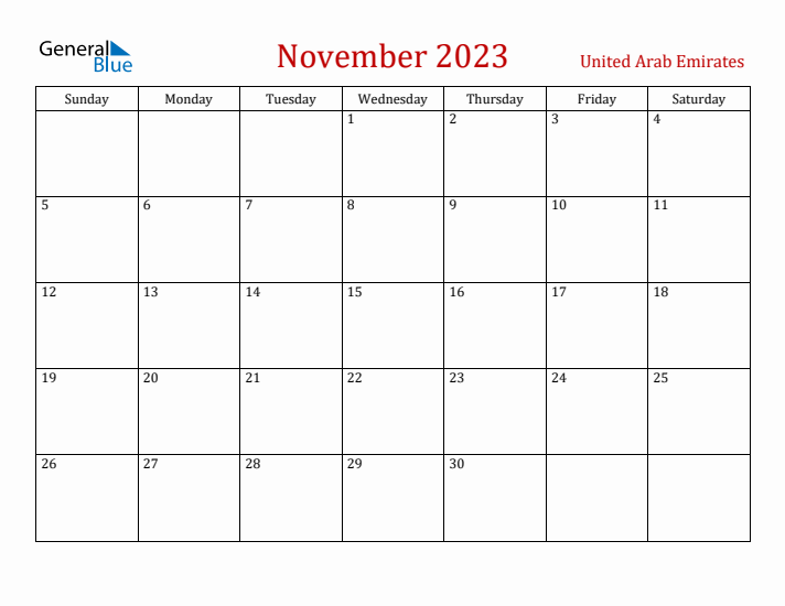 United Arab Emirates November 2023 Calendar - Sunday Start