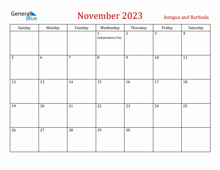Antigua and Barbuda November 2023 Calendar - Sunday Start