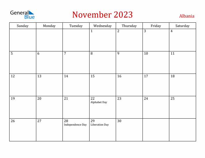 Albania November 2023 Calendar - Sunday Start