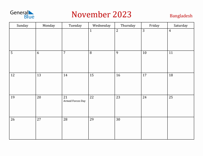 Bangladesh November 2023 Calendar - Sunday Start