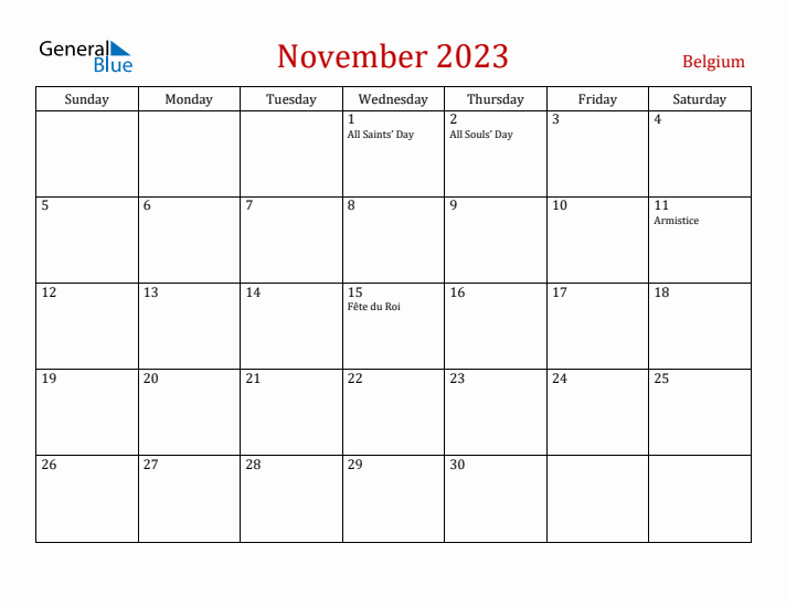 Belgium November 2023 Calendar - Sunday Start