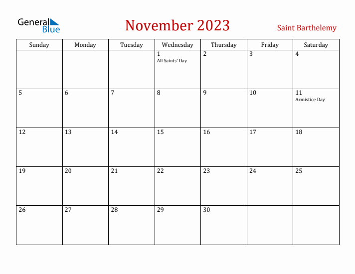 Saint Barthelemy November 2023 Calendar - Sunday Start