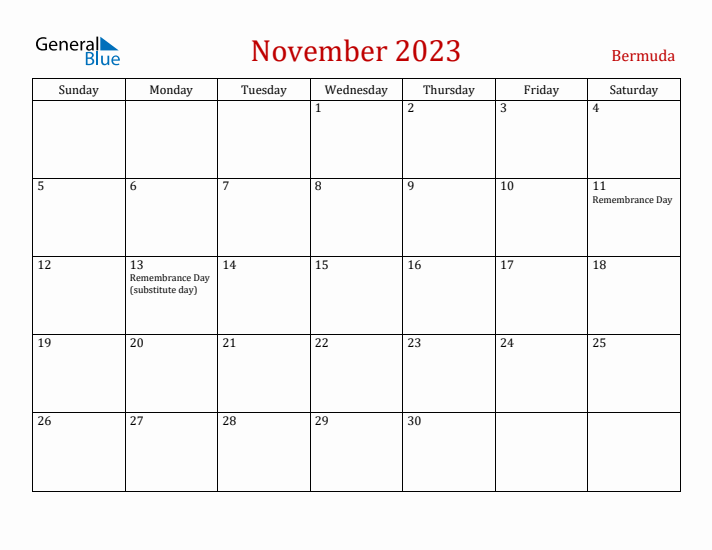 Bermuda November 2023 Calendar - Sunday Start