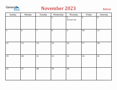 Current month calendar with Bolivia holidays for November 2023