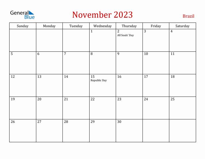 Brazil November 2023 Calendar - Sunday Start