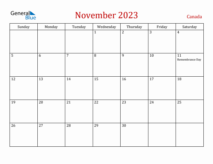 Canada November 2023 Calendar - Sunday Start