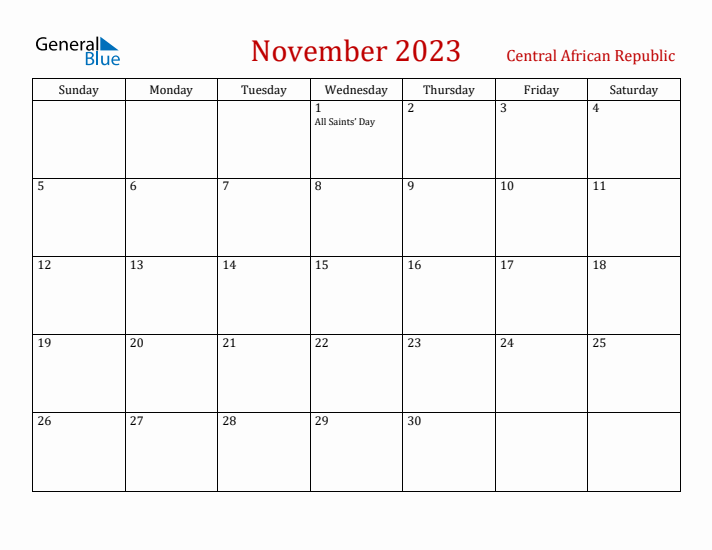 Central African Republic November 2023 Calendar - Sunday Start