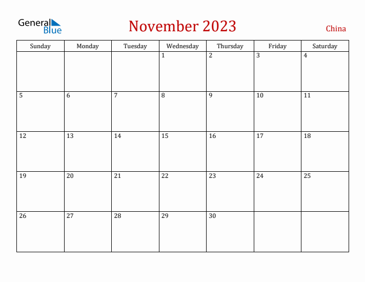 China November 2023 Calendar - Sunday Start