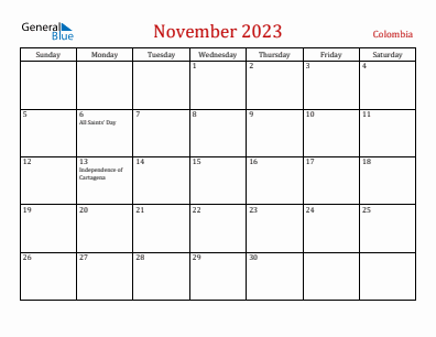 Current month calendar with Colombia holidays for November 2023