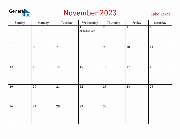 Cabo Verde November 2023 Calendar - Sunday Start