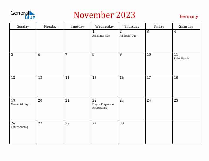 Germany November 2023 Calendar - Sunday Start