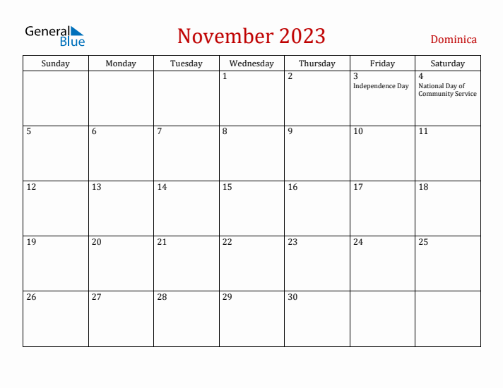 Dominica November 2023 Calendar - Sunday Start