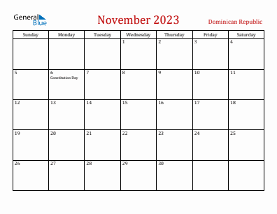 Current month calendar with Dominican Republic holidays for November 2023