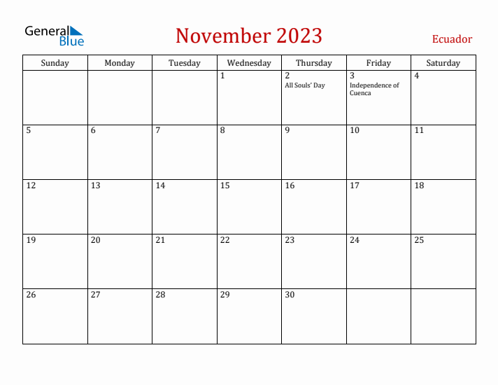 Ecuador November 2023 Calendar - Sunday Start