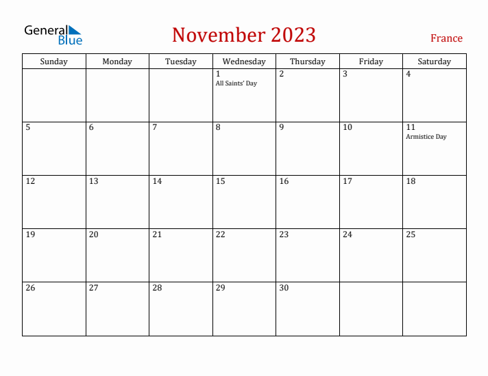 France November 2023 Calendar - Sunday Start