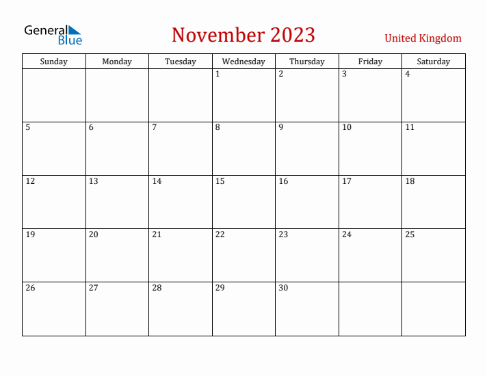 United Kingdom November 2023 Calendar - Sunday Start